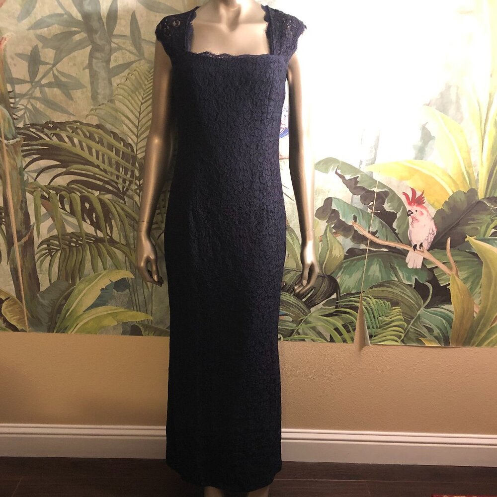 Adrianna Papell | Navy Blue Lace Elegant Maxy Party Dress | Size 8